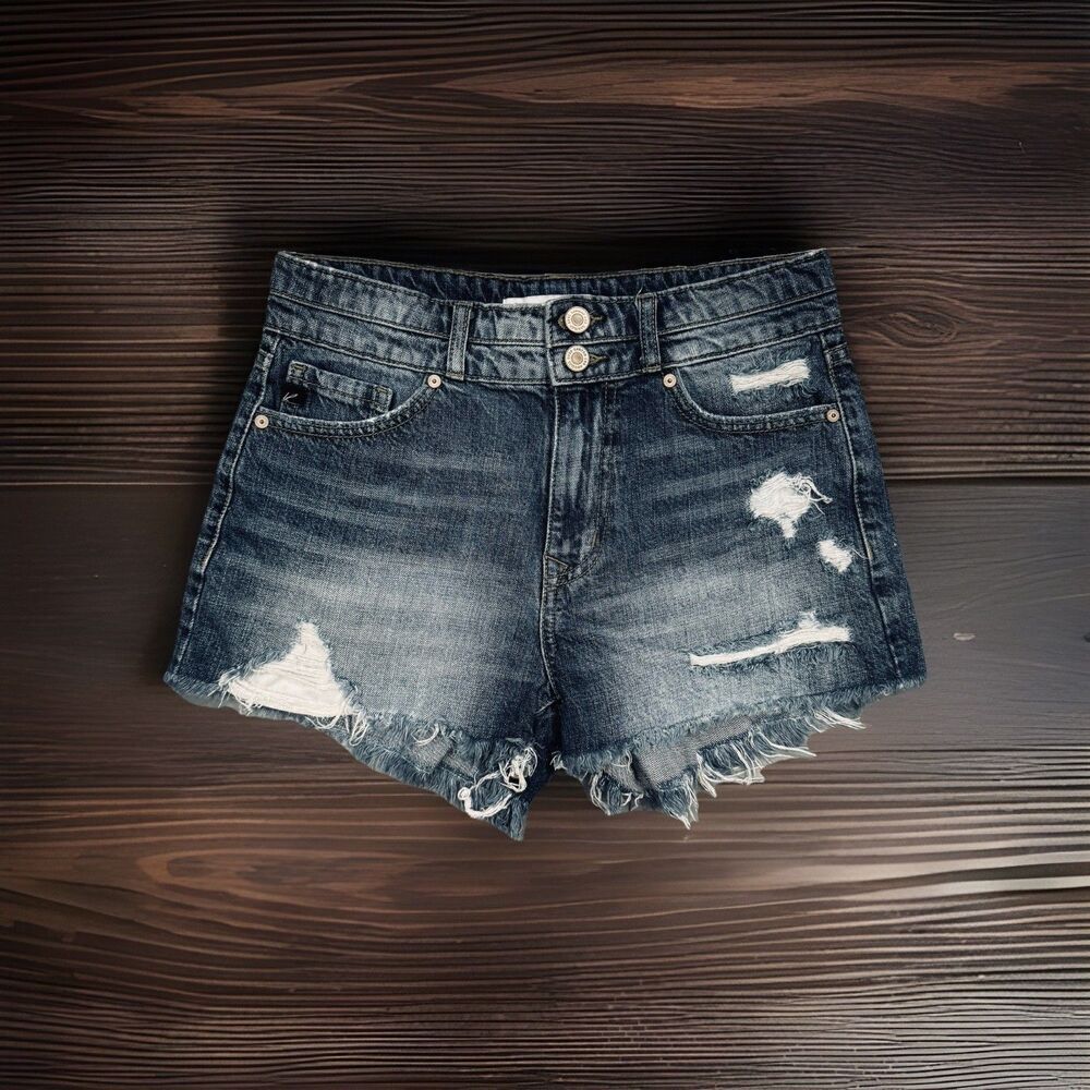 KanCan High Rise Shorts S (W27 Inseam 2.5) Blue Distressed Raw Hem Cotton Womens
